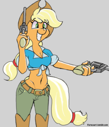 Size: 1280x1485 | Tagged: safe, artist:furncoart, applejack, anthro, g4, belly button, boots, breasts, cleavage, clothes, cowboy boots, explicit source, eye clipping through hair, female, front knot midriff, gray background, gun, handgun, hips, irrational exuberance, mare, midriff, no trigger discipline, revolver, shoes, simple background, smiling, solo, this will end in death, this will end in tears, this will end in tears and/or death