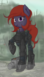 Size: 1105x1920 | Tagged: safe, artist:furncoart, oc, oc only, oc:lumi lithe, pony, armor, explicit source, fallout, female, looking at you, mare, power armor, raised hoof, smiling, solo
