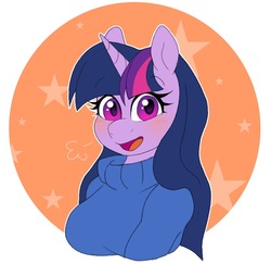 Size: 743x722 | Tagged: safe, artist:littlebibbo, derpibooru exclusive, twilight sparkle, alicorn, anthro, g4, blushing, clothes, doodle, female, happy, horn, long hair, looking at you, mare, solo, sparkly eyes, sweater