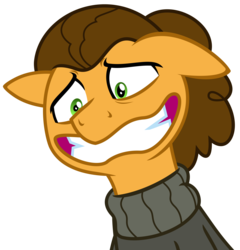 Size: 2931x3050 | Tagged: safe, artist:sketchmcreations, cheese sandwich, earth pony, pony, g4, the last laugh, alternate hairstyle, awkward smile, clothes, faic, floppy ears, high res, male, ponytail, simple background, smiling, solo, stallion, sweater, transparent background, vector