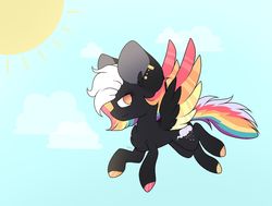 Size: 1280x966 | Tagged: safe, artist:mintoria, oc, oc only, oc:fluffy cloud, pegasus, pony, colored wings, female, flying, mare, multicolored wings, solo, wings