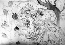 Size: 611x429 | Tagged: safe, artist:elisdoominika, oc, oc:fahu, oc:sweet elis, earth pony, pony, black and white, boop, clothes, couple, dress, eyes closed, falis, female, freckles, grayscale, love, male, mare, marriage, monochrome, nature, noseboop, nuzzling, smiling, stallion, suit, tree, watercolor painting, wedding, wedding dress