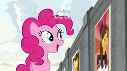 Size: 1920x1080 | Tagged: safe, screencap, cheese sandwich, pinkie pie, pony, g4, the last laugh, poster, wall