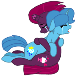 Size: 1027x1013 | Tagged: safe, alternate version, artist:徐詩珮, fizzlepop berrytwist, spring rain, tempest shadow, pony, unicorn, g4, background removed, base used, broken horn, crying, female, horn, hug, lesbian, mare, ship:springshadow, shipping, simple background, transparent background