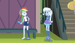 Size: 1302x739 | Tagged: safe, screencap, cloudy kicks, rainbow dash, trixie, equestria girls, g4, my little pony equestria girls: choose your own ending, sock it to me, sock it to me: trixie, barefoot, boots, clothes, crossed arms, cute, dashabetes, diatrixes, feet, female, hat, legs, offscreen character, shoes