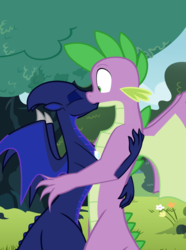 Size: 1024x1377 | Tagged: artist needed, source needed, safe, princess luna, spike, dragon, g4, dragoness, dragonified, eyes closed, female, flower, kiss on the lips, kissing, lunadragon, male, older, older spike, ship:spiluna, shipping, species swap, straight, tree, winged spike, wings