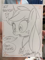 Size: 1536x2048 | Tagged: safe, artist:andypriceart, applejack, earth pony, pony, bronycon, bronycon 2019, g4, female, mare, monochrome, pencil drawing, solo, speech bubble, traditional art