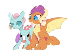 Size: 1280x964 | Tagged: safe, artist:poneko-chan, ocellus, smolder, butterfly, changedling, changeling, dragon, g4, female, simple background