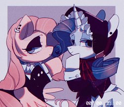 Size: 1024x886 | Tagged: dead source, safe, artist:poneko-chan, fluttershy, rarity, pegasus, pony, unicorn, g4, clothes, female, fluttergoth, goth, looking at you, mare, piercing