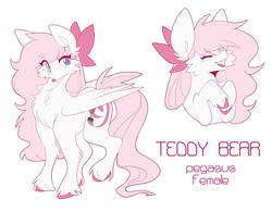 Size: 1280x998 | Tagged: safe, artist:teapup, artist:teapupppy, oc, oc only, oc:teddy bear, pegasus, pony, bow, cute, female, mare, pink, reference sheet, solo, tongue out, unshorn fetlocks