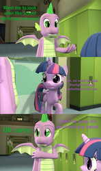 Size: 1920x3240 | Tagged: safe, artist:papadragon69, spike, twilight sparkle, alicorn, dragon, pony, comic:spike's cyosa, g4, 3d, comic, cyoa, older, older spike, saddle bag, school of friendship, source filmmaker, teenage spike, teenager, twilight sparkle (alicorn), winged spike, wings