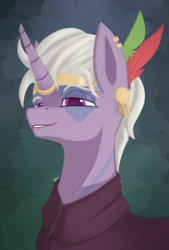 Size: 1720x2550 | Tagged: safe, artist:phi, oc, oc only, pony, unicorn, equestria at war mod, aztec, bodypaint, clothes, ear piercing, male, piercing, smug, solo