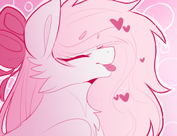 Size: 1035x801 | Tagged: safe, artist:teapup, oc, oc only, oc:teddy bear, pegasus, pony, :p, bow, bust, dramatic, fluffy, heart, pink, portrait, solo, tongue out