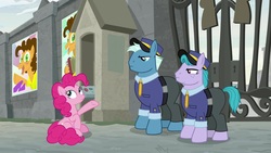 Size: 1920x1080 | Tagged: safe, screencap, brick house, cheese sandwich, pinkie pie, tough break, pony, g4, the last laugh, poster, security guard