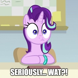 Size: 500x500 | Tagged: safe, edit, edited screencap, screencap, starlight glimmer, pony, unicorn, g4, student counsel, caption, faic, female, image macro, mare, reaction image, solo, starlight glimmer is best facemaker, text, wat (reaction image), wide eyes