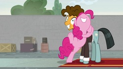 Size: 1920x1080 | Tagged: safe, screencap, cheese sandwich, pinkie pie, sans smirk, pony, g4, the last laugh, carpet, cute, diapinkes, hug, mask, red carpet, smiling, standing, standing on one leg
