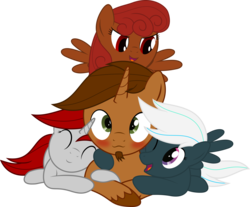 Size: 3000x2485 | Tagged: safe, artist:waveywaves, oc, oc:coppercore, oc:crosswind, oc:firefly, oc:waves, pony, cuddle pile, cuddling, high res, simple background, transparent background