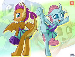 Size: 1307x1000 | Tagged: safe, artist:uotapo, ocellus, smolder, changedling, changeling, dragon, 2 4 6 greaaat, backless, blushing, cheerleader, cheerleader ocellus, cheerleader outfit, cheerleader smolder, clothes, cute, diaocelles, dragoness, duo, facing away, featureless crotch, female, flexible, moe, open mouth, patreon, patreon logo, pleated skirt, pom pom, skirt, skirt lift, smolderbetes, standing splits, technically an upskirt shot, teenager, zoom layer