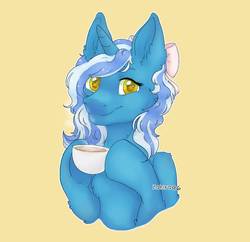 Size: 909x879 | Tagged: safe, artist:zahira96, oc, oc:fleurbelle, pony, adorabelle, bow, coffee, coffee cup, cup, cute, female, hair bow, holding, mare, ocbetes, sweet, wingding eyes, yellow eyes