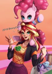 Size: 848x1200 | Tagged: safe, artist:the-park, pinkie pie, starlight glimmer, sunset shimmer, trixie, human, pony, unicorn, bronycon, equestria girls, equestria girls specials, g4, my little pony equestria girls: better together, my little pony equestria girls: sunset's backstage pass, duo, female, pinkie pie riding sunset shimmer, plushie, ponies riding humans, pony hat, riding, simple background, starlight glimmer plushie, trixie plushie