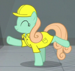 Size: 407x384 | Tagged: safe, screencap, summermint, earth pony, pony, g4, the last laugh, background pony, clothes, cropped, eyes closed, female, hard hat, mare, raised hoof, solo, uniform, worker