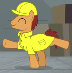 Size: 451x457 | Tagged: safe, screencap, earth pony, pony, g4, the last laugh, background pony, clothes, cropped, eyes closed, hard hat, male, raised hoof, solo, stallion, uniform, unnamed character, unnamed pony, worker