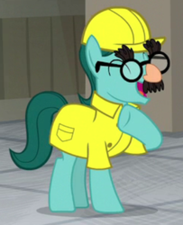 Size: 460x567 | Tagged: safe, screencap, earth pony, pony, g4, the last laugh, background pony, clothes, cropped, eyes closed, fake nose, glasses, groucho mask, hard hat, laughing, male, raised hoof, solo, stallion, uniform, unnamed character, unnamed pony, worker