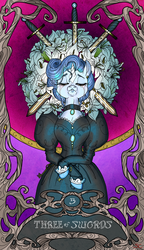Size: 2088x3619 | Tagged: safe, artist:sourcherry, oc, oc only, unnamed oc, pony, unicorn, black dress, clothes, curly hair, dress, flower, funeral dress, high res, jewelry, key, solo, sword, tarot, tarot card, three of spades, three of swords, victorian, victorian dress, weapon