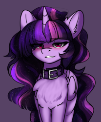 Size: 2752x3328 | Tagged: safe, artist:duop-qoub, twilight sparkle, alicorn, pony, descended twilight, blushing, chest fluff, collar, dreamworks face, female, future future twilight, high res, mare, sexy, smiling, smirk, solo, twilight sparkle (alicorn)