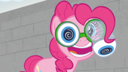 Size: 794x448 | Tagged: safe, screencap, pinkie pie, earth pony, pony, g4, the last laugh, brick wall, excited, factory, female, gag factory, mare, pinkie being pinkie, solo