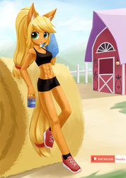 Size: 1200x1688 | Tagged: safe, artist:howxu, applejack, earth pony, anthro, plantigrade anthro, abs, armpits, belly button, clothes, female, hay, hay bale, looking at you, mare, midriff, patreon, patreon logo, ponytail, shoes, shorts, sitting, skinny, sneakers, solo, sports bra, sports shorts, sweat, sweet apple acres, water, water bottle