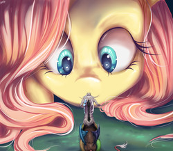 Size: 1500x1300 | Tagged: safe, artist:blulimipop, discord, fluttershy, draconequus, pegasus, pony, g4, cute, duo, female, front view, full face view, heart eyes, looking at each other, looking at someone, looking down, looking up, macro, macro/micro, male, mare, micro, shyabetes, smiling, wingding eyes