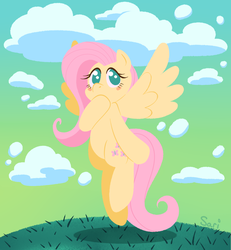 Size: 1000x1083 | Tagged: safe, artist:sarispy56, fluttershy, pegasus, pony, g4, blush sticker, blushing, covering mouth, female, looking at you, mare, outdoors, sky, solo, spread wings, three quarter view, wings