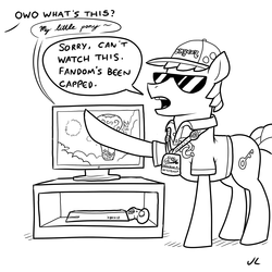 Size: 1440x1440 | Tagged: safe, artist:docwario, oc, oc only, pony, bronycon, clothes, lanyard, lineart, opening, owo what's this?, shirt, sunglasses, television, xbox