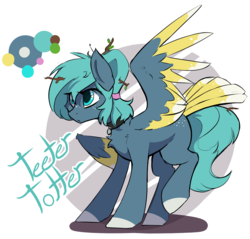 Size: 1455x1393 | Tagged: safe, artist:beardie, oc, oc only, oc:teeter totter, pegasus, pony, aeroverse, collar, female, mare, pet tag, simple background, solo, stick, tail feathers, white background