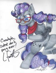 Size: 2475x3236 | Tagged: safe, artist:jadedjynx, oc, oc only, oc:cinnabyte, earth pony, pony, bipedal, controller, female, glasses, high res, mare, neckerchief, pigtails, solo, tongue out, traditional art