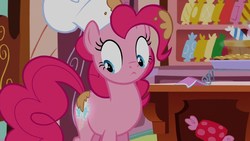 Size: 1280x720 | Tagged: safe, screencap, pinkie pie, earth pony, pony, g4, cute, female, glowing cutie mark, hat, looking at cutie mark, mare, messy, solo, sugarcube corner