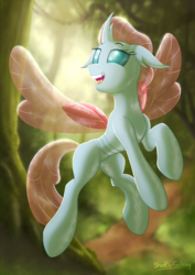 Size: 3508x4961 | Tagged: safe, artist:shad0w-galaxy, ocellus, changedling, changeling, g4, absurd resolution, belly, commission, concave belly, cute, diaocelles, female, flying, forest, happy, open mouth, slender, smiling, solo, thin