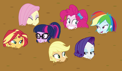 Size: 2502x1447 | Tagged: safe, anonymous artist, edit, applejack, fluttershy, pinkie pie, rainbow dash, rarity, sci-twi, sunset shimmer, twilight sparkle, a fine line, all the world's off stage, camping must-haves, equestria girls, equestria girls specials, g4, my little pony equestria girls: better together, my little pony equestria girls: rollercoaster of friendship, text support, eyeshadow, female, humane five, humane seven, humane six, lidded eyes, makeup, mud, mud edit, quicksand, smiling