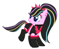 Size: 1596x1316 | Tagged: safe, artist:flutterbases, artist:rukemon, oc, oc only, oc:hesitant onyx, earth pony, pony, base used, choker, clothes, commission, ear piercing, earring, eyeshadow, female, headband, jewelry, makeup, mare, multicolored hair, piercing, raised leg, shorts, socks, solo, stockings, tail wrap, thigh highs