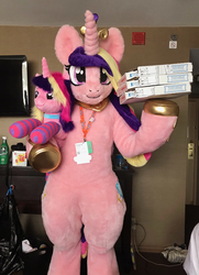 Size: 1831x2534 | Tagged: safe, artist:qtpony, princess cadance, human, bronycon, bronycon 2019, g4, cadance's pizza delivery, clothes, costume, food, fursuit, irl, irl human, peetzer, photo, pizza, pizza box, pizza delivery, plushie, ponysuit, socks, striped socks, that pony sure does love pizza