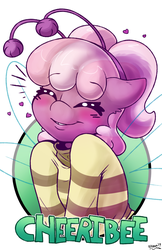 Size: 1237x1912 | Tagged: safe, artist:skoon, cheerilee, bee, pony, g4, antennae, badge, blushing, cheeribee, cheeribetes, clothes, cute, eyes closed, female, mare, shirt, simple background, smiling, solo, white background