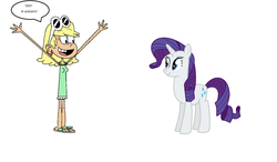 Size: 1946x1136 | Tagged: safe, artist:theawesomeguy98201, rarity, human, pony, unicorn, g4, crossover, hands up, happy, leni loud, simple background, speech bubble, the loud house, white background
