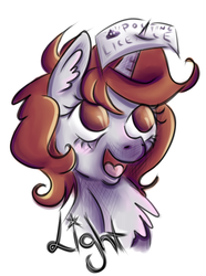Size: 1898x2551 | Tagged: safe, artist:coco-drillo, oc, oc only, oc:dorm pony, pony, unicorn, badge, brown eyes, brown mane, bust, chest fluff, colorful, ear fluff, excited, fluffy, happy, lineart, shitposting, solo