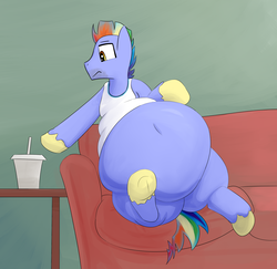 Size: 2420x2348 | Tagged: safe, artist:lupin quill, bow hothoof, pony, g4, belly, belly button, bhm, big belly, big boys, clothes, couch, facial hair, fat, flabby chest, frog (hoof), high res, male, obese, rolls of fat, sitting, soda, solo, underhoof, unshorn fetlocks, vest