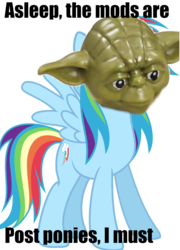 Size: 1392x1932 | Tagged: safe, edit, rainbow dash, pegasus, pony, g4, caption, female, image macro, lego, lego yoda, meme, mods are asleep, mods are asleep post ponies, solo, star wars, text, yoda