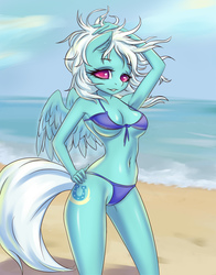 Size: 1200x1527 | Tagged: safe, artist:derpifecalus, fleetfoot, pegasus, anthro, g4, armpits, belly button, bikini, breasts, clothes, female, midriff, solo, swimsuit, tail, wings, ych result