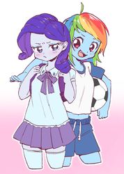 Size: 590x828 | Tagged: safe, artist:hotomura, color edit, edit, rainbow dash, rarity, equestria girls, g4, backpack, ball, belly button, blouse, blushing, clothes, colored, duo, female, lesbian, pleated skirt, pouting, ship:raridash, shipping, shirt, shorts, side hug, skirt, socks, t-shirt, thigh highs, younger, zettai ryouiki