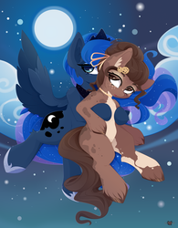 Size: 3900x5000 | Tagged: safe, artist:xsatanielx, princess luna, oc, oc only, alicorn, pony, rcf community, commission, female, jewelry, mare, moon, night, night sky, pale belly, regalia, sky, wings