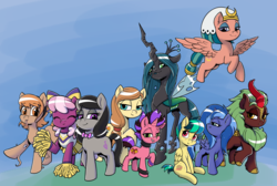 Size: 3145x2111 | Tagged: safe, artist:soulcentinel, cheerilee, cinder glow, octavia melody, princess luna, queen chrysalis, somnambula, summer flare, oc, oc:amber rose (thingpone), oc:apogee, oc:cream heart, oc:dazzle dust, oc:thingpone, alicorn, changeling, changeling queen, earth pony, kirin, pegasus, pony, unicorn, g4, cheeribetes, cheerleader outfit, clothes, cute, cutealis, diageetes, female, filly, high res, kirinbetes, lunabetes, mare, ocbetes, somnambetes, tavibetes, woona, younger